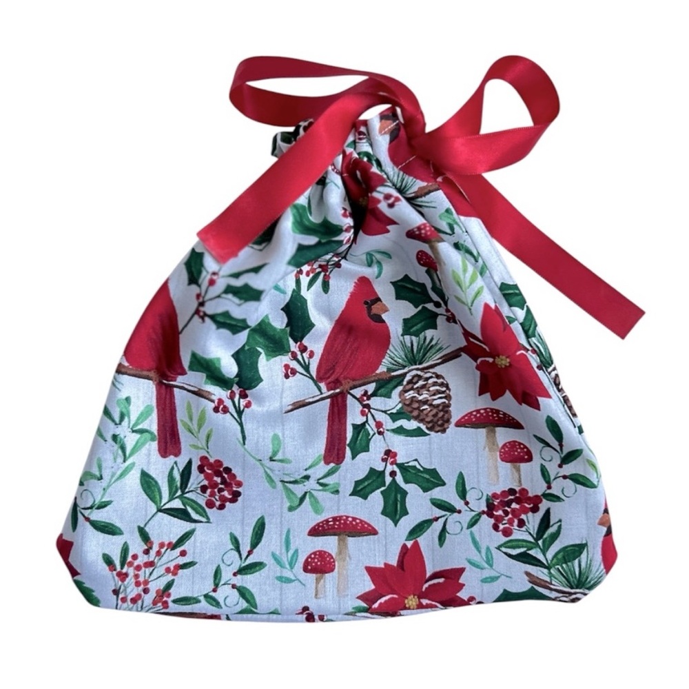 Hand Crafted Red Cardinals Holiday Festive Reusable Fabric Gift Bag